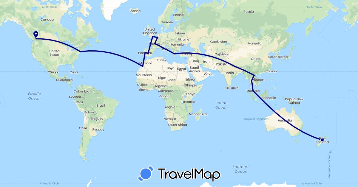 TravelMap itinerary: driving in Australia, Belgium, Canada, Spain, France, United Kingdom, Greece, Indonesia, Italy, Laos, Morocco, Malaysia, Nepal, New Zealand, Portugal, Thailand, United States (Africa, Asia, Europe, North America, Oceania)